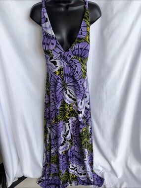 CHESLEY Butterfly Maxi Dress, Purple, white green Black XL, 17” waist, 54” L
